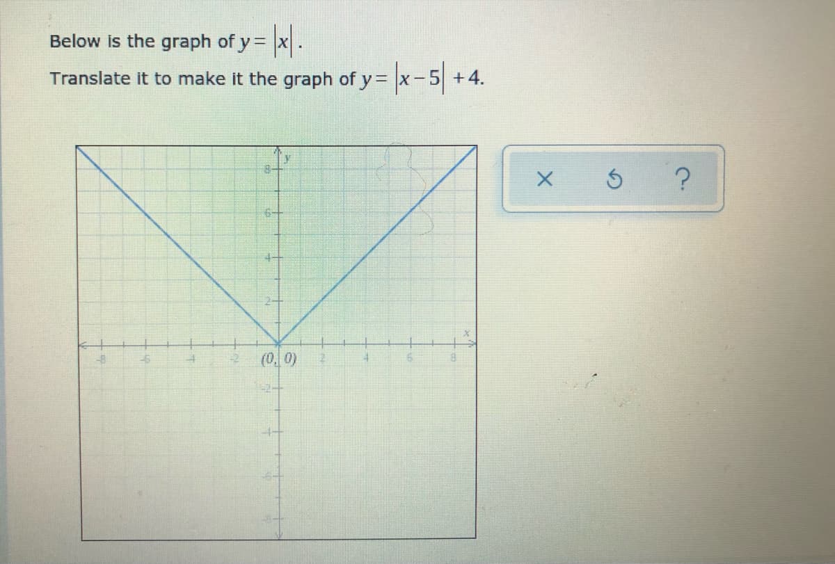 Below is the graph of y= x.
Translate it to make it the graph of y= x-5 +4.
(0,0)
