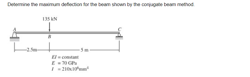 Determine the maximum deflection for the beam shown by the conjugate beam method.
135 kN
B
-2.5m-
-5 m
El = constant
E = 70 GPa
I = 210x10°mm
