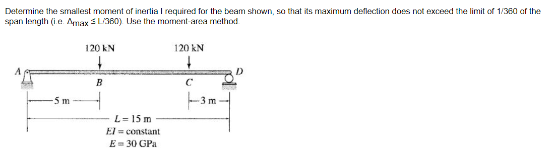 Determine the smallest moment of inertia I required for the beam shown, so that its maximum deflection does not exceed the limit of 1/360 of the
span length (i.e. Amax < L/360). Use the moment-area method.
120 kN
120 kN
B
C
5 m
3 m
L= 15 m
El = constant
E = 30 GPa
