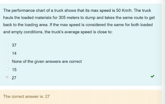The performance chart of a truck shows that its max speed is 50 Km/h. The truck
hauls the loaded materials for 305 meters to dump and takes the same route to get
back to the loading area. If the max speed is considered the same for both loaded
and empty conditions, the truck's average speed is close to:
O 37
O 14
None of the given answers are correct
O 15
• 27
The correct answer is: 27
