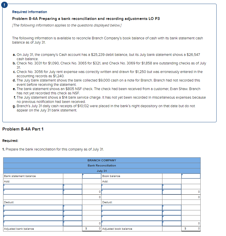 Required Information
Problem 8-4A Preparing a bank reconciliation and recording adjustments LO P3
[The following information applies to the questions displayed below.]
The following Information is available to reconcile Branch Company's book balance of cash with its bank statement cash
balance as of July 31.
a. On July 31, the company's Cash account has a $25,239 debit balance, but Its July bank statement shows a $26,547
cash balance.
b. Check No. 3031 for $1,090, Check No. 3065 for $321, and Check No. 3069 for $1,858 are outstanding checks as of July
31.
c. Check No. 3056 for July rent expense was correctly written and drawn for $1,250 but was erroneously entered in the
accounting records as $1,240.
d. The July bank statement shows the bank collected $9,000 cash on a note for Branch. Branch had not recorded this
event before receiving the statement.
e. The bank statement shows an $805 NSF check. The check had been received from a customer, Evan Shaw. Branch
has not yet recorded this check as NSF.
1. The July statement shows a $14 bank service charge. It has not yet been recorded in miscellaneous expenses because
no previous notification had been received.
g. Branch's July 31 daily cash receipts of $10,132 were placed in the bank's night depository on that date but do not
appear on the July 31 bank statement.
Problem 8-4A Part 1
Required:
1. Prepare the bank reconciliation for this company as of July 31.
Bank statement balance
Add:
Deduct:
Adjusted bank balance
BRANCH COMPANY
Bank Reconciliation
July 31
$
0
0
Book balance
Add:
Deduct:
0
0 Adjusted book balance
$
0
0
0
0