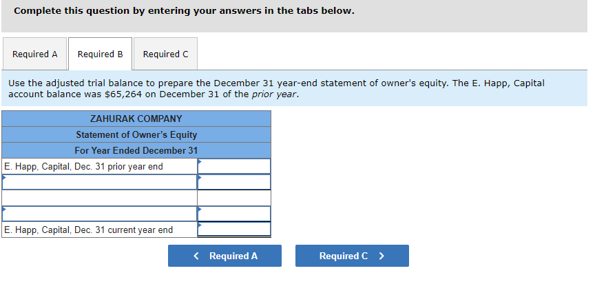 Complete this question by entering your answers in the tabs below.
Required A Required B Required C
Use the adjusted trial balance to prepare the December 31 year-end statement of owner's equity. The E. Happ, Capital
account balance was $65,264 on December 31 of the prior year.
ZAHURAK COMPANY
Statement of Owner's Equity
For Year Ended December 31
E. Happ, Capital, Dec. 31 prior year end
E. Happ, Capital, Dec. 31 current year end
Required C >
< Required A