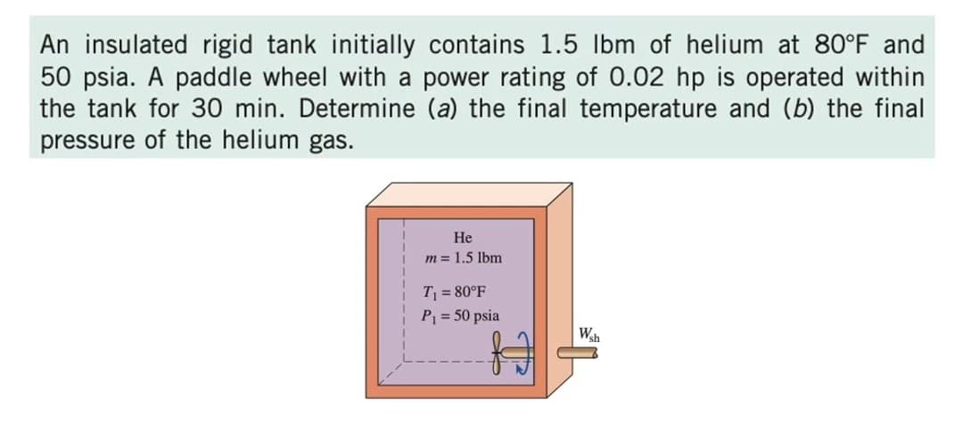 An insulated rigid tank initially contains 1.5 lbm of helium at 80°F and
50 psia. A paddle wheel with a power rating of 0.02 hp is operated within
the tank for 30 min. Determine (a) the final temperature and (b) the final
pressure of the helium gas.
Не
m = 1.5 lbm
T = 80°F
P = 50 psia
Wh
