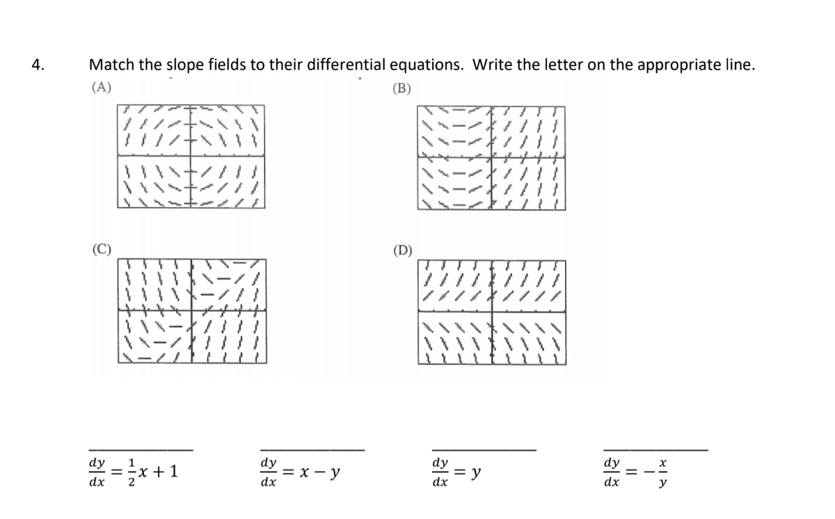 4.
Match the slope fields to their differential equations. Write the letter on the appropriate line.
(A)
(В)
(D)
11\\トー/!!
+++
\\ーイ!!!!
dy
dy
= x – y
dx
dy
= y
dx
dy
x + 1
dx
dx
y
