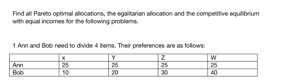 Find all Pareto optimal allocations, the egalitarian allocation and the competitive equilibrium
with equal incomes for the following problems.
1 Ann and Bob need to divide 4 items. Their preferences are as follows:
Y
W
Ann
25
25
25
25
Bob
10
20
30
40
