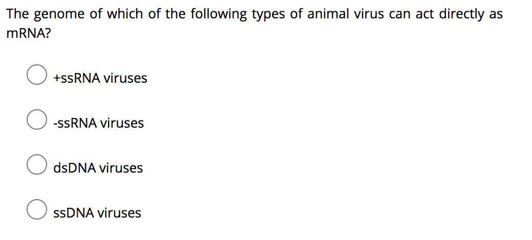 The genome of which of the following types of animal virus can act directly as
MRNA?
+SSRNA viruses
-SSRNA viruses
dsDNA viruses
SSDNA viruses
