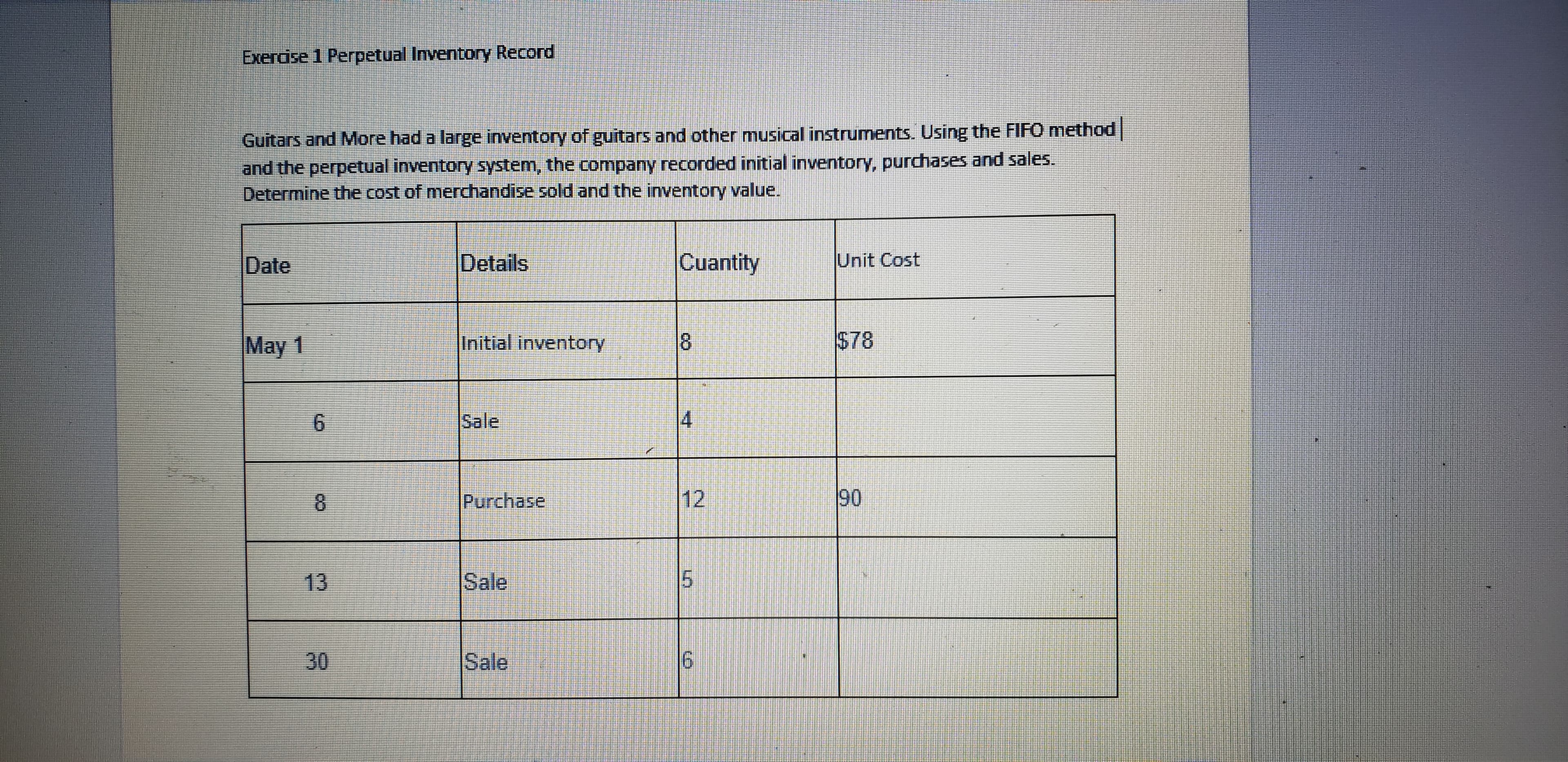 Exercise 1 Perpetual Inventory Record
Guitars and More had a large inventory of guitars and other musical instruments. Using the FIFO method
and the perpetual inventory system, the company recorded initial inventory, purchases and sales.
Determine the cost of merchandise sold and the inventory value.
Date
Details
Cuantity
Unit Cost
May 1
Initial inventory
$78
9.
Sale
14
|Pபோrchase
12
90
13
Sale
30
Sale
