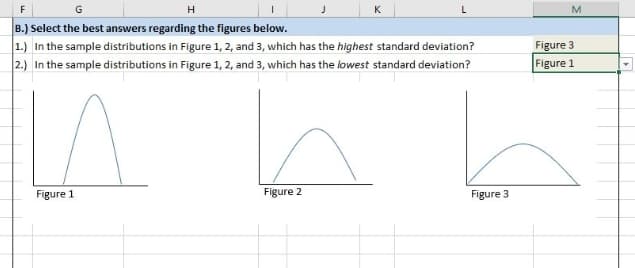 F
H
K
M
B.) Select the best answers regarding the figures below.
1.) In the sample distributions in Figure 1, 2, and 3, which has the highest standard deviation?
2.) In the sample distributions in Figure 1, 2, and 3, which has the lowest standard deviation?
Figure 3
Figure 1
Figure 1
Figure 2
Figure 3
