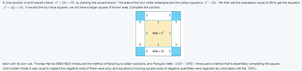 1. One solution of al-Khwarizmi Solve r + 12x = 85 by drawing the square shown. The area of the four white rectangles and the yellow square is r² + 12x. We then set this expression equal to 85 to get the equation
12 + 12r = 85 . If we add the four blue squares, we will have a larger square of known area. Complete the solution.
3
3
Area = x?
3
Area = 3x
3
each with its own rule. Thomas Harriot (1560-1621) introduced the method of factoring to obtain solutions, and François Viète (1540 – 1603) introduced a method that is essentially completing the square.
Until modern times it was usual to neglect the negative roots (if there were any), and equations involving square roots of negative quantities were regarded as unsolvable until the 1500 s
