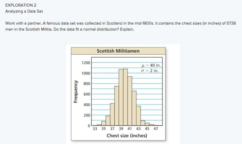 EXPLORATION 2
Analyzing a Data Set
Work with a partner. A famous data set was collected in Scotland in the mid-1800s. It contains the chest sizes (in inches) of 5738
men in the Scottish Militia. Do the data fit a normal distribution? Explain.
Scottish Militiamen
1200
µ = 40 in.
0 = 2 in.
1000
800
600
400
200
33 35
37 39 41
43 45 47
Chest size (inches)
Frequency
