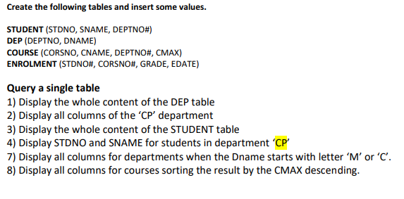 Create the following tables and insert some values.
STUDENT (STDNO, SNAME, DEPTNO#)
DEP (DEPTNO, DNAME)
COURSE (CORSNO, CNAME, DEPTNO#, CMAX)
ENROLMENT (STDNO#, CORSNO#, GRADE, EDATE)
Query a single table
1) Display the whole content of the DEP table
2) Display all columns of the 'CP' department
3) Display the whole content of the STUDENT table
4) Display STDNO and SNAME for students in department 'CP'
7) Display all columns for departments when the Dname starts with letter 'M' or 'C'.
8) Display all columns for courses sorting the result by the CMAX descending.
