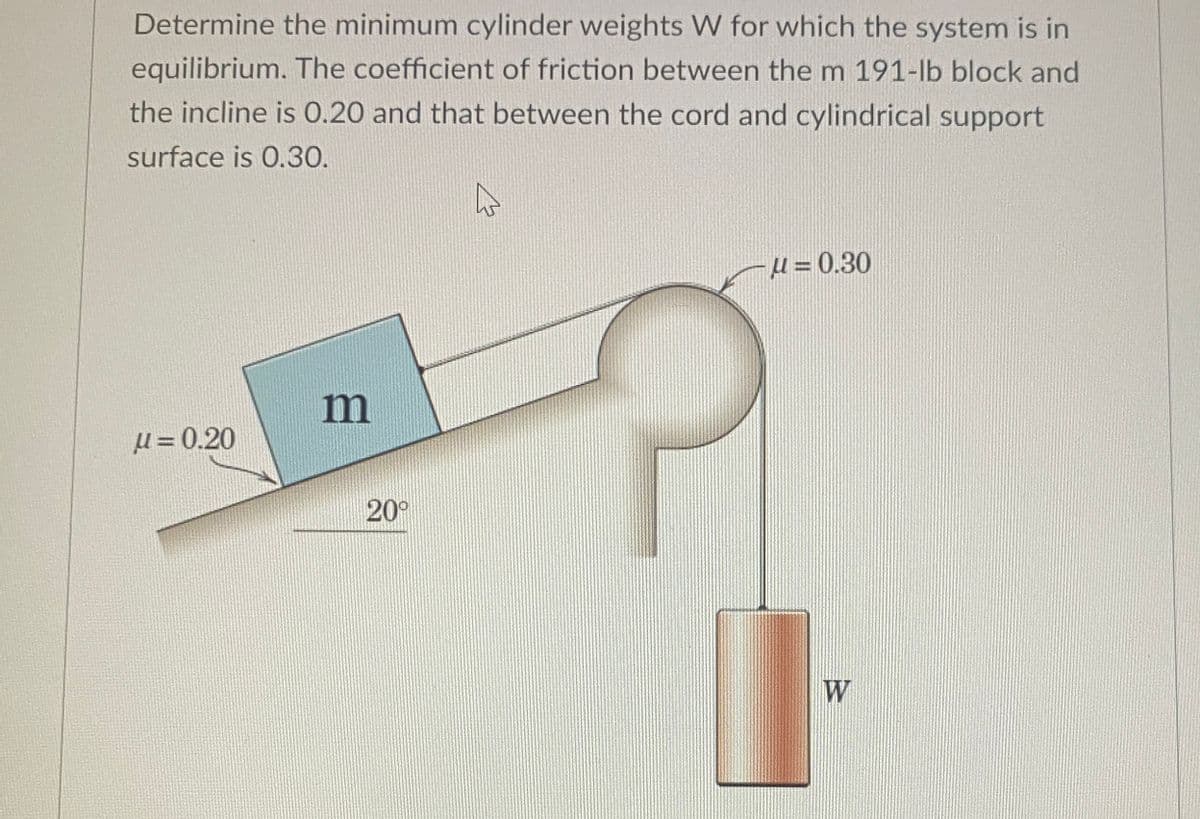 Determine the minimum cylinder weights W for which the system is in
equilibrium. The coefficient of friction between the m 191-lb block and
the incline is 0.20 and that between the cord and cylindrical support
surface is 0.30.
D
μ=0.20
m
20°
μ = 0.30
W