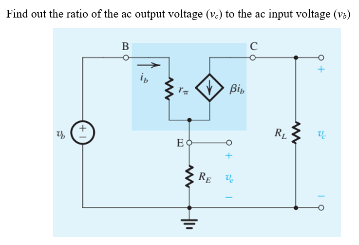 Find out the ratio of the ac output voltage (ve) to the ac input voltage (v6)
B
iь
Bi,
RL
EO
RE
Ve
