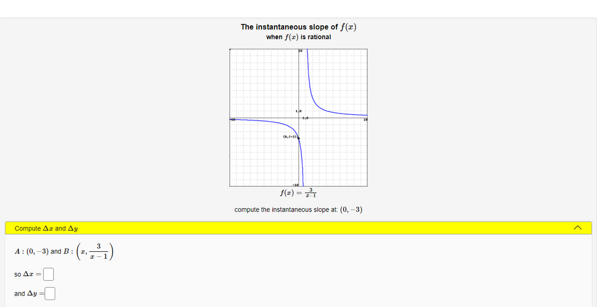 The instantaneous slope of f(x)
when f(x) is rational
f(x) =
compute the instantaneous slope at: (0, –3)
Compute Az and Ay
3
А: (0, —3) and B:
so Az =
and Ay =
