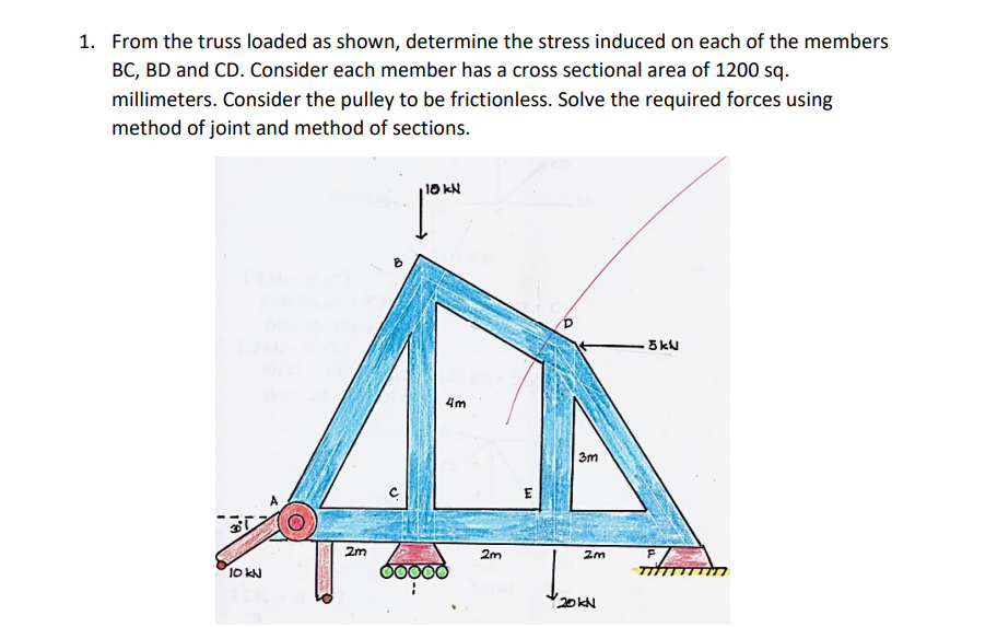 1. From the truss loaded as shown, determine the stress induced on each of the members
BC, BD and CD. Consider each member has a cross sectional area of 1200 sq.
millimeters. Consider the pulley to be frictionless. Solve the required forces using
method of joint and method of sections.
10 kN
5kN
10 kN
2m
(
4m
60000
2m
E
3m
2m
20kN