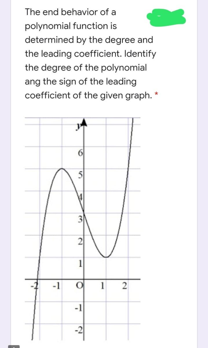 The end behavior of a
polynomial function is
determined by the degree and
the leading coefficient. Identify
the degree of the polynomial
ang the sign of the leading
coefficient of the given graph. *
3
1
-1
1
2
-1
-2
2)
10
