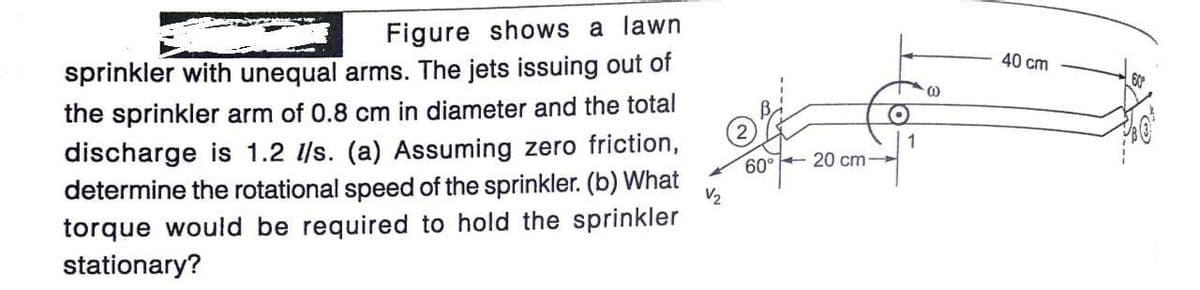 Figure shows a lawn
sprinkler with unequal arms. The jets issuing out of
40 cm
60
the sprinkler arm of 0.8 cm in diameter and the total
discharge is 1.2 l/s. (a) Assuming zero friction,
determine the rotational speed of the sprinkler. (b) What
torque would be required to hold the sprinkler
stationary?
1
60° + 20 cm-
V2
