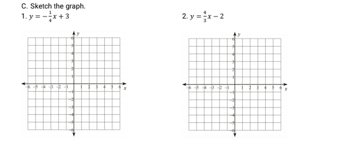 C. Sketch the graph.
1. y = -x+3
2. y =x- 2
6 -5 4 3 2 -1
4 3 2 -
