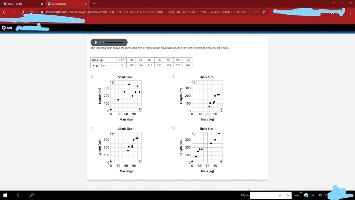 C Clever | Portal
s Savvas Realize
O savvasrealize.com/community/program/c65ecd8b-6228-3309-9c34-9abf5592605d/18/tier/6fcfb578-aac3-3db9-ace2-59ca3737d0fe/18/lesson/70cde44c-9c60-3c25-8391-be.
Exit
00:00
The following table shows the measurements of sharks at an aquarium. Choose the scatter plot that represents the data.
Mass (kg)
0.07
68
70
82
85
90
100
105
Length (cm)
18
165
210
210
220
300
320
320
Shark Size
Shark Size
ty
ty
300
300
200
200
100
100
30
60 90
30
60
90
Mass (kg)
Mass (kg)
Shark Size
Shark Size
ty
300
300
200
200
100
100
30
60
90
30
60 90
Mass (kg)
Mass (kg)
Address
Links
Length (cm)
Length (cm)
Length (cm)
Length (cm)
