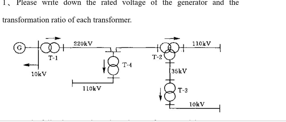 1, Please write down the rated voltage of the generator and the
transformation ratio of each transformer.
220kV
110kV
он
T-1
T-2
T-4
35kV
10kV
110kV
T-3
10kV
