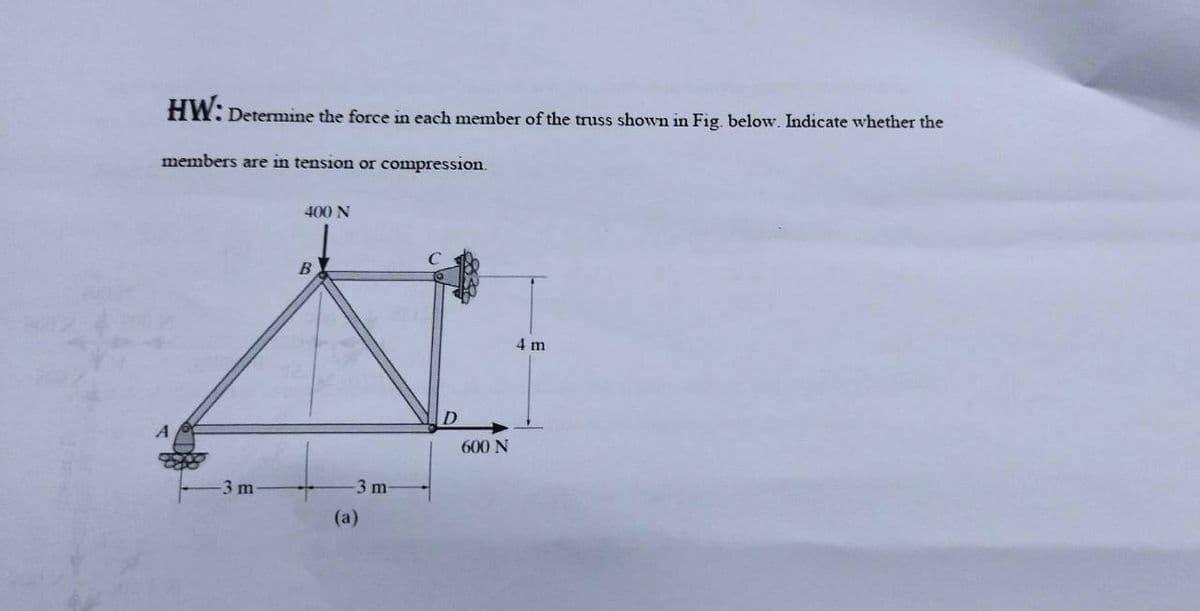 HW: Determine the force in each member of the truss shown in Fig. below. Indicate whether the
members are in tension or compression.
400 N
B
4 m
A
600 N
3 m
-3 m-
(a)
