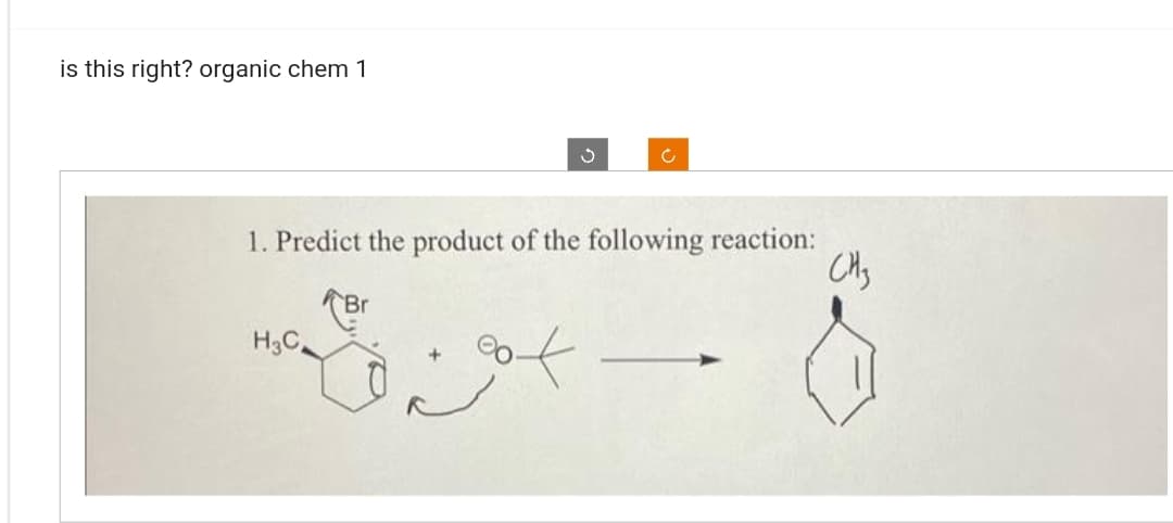 is this right? organic chem 1
1. Predict the product of the following reaction:
H3C
Br
J
of
CH₂