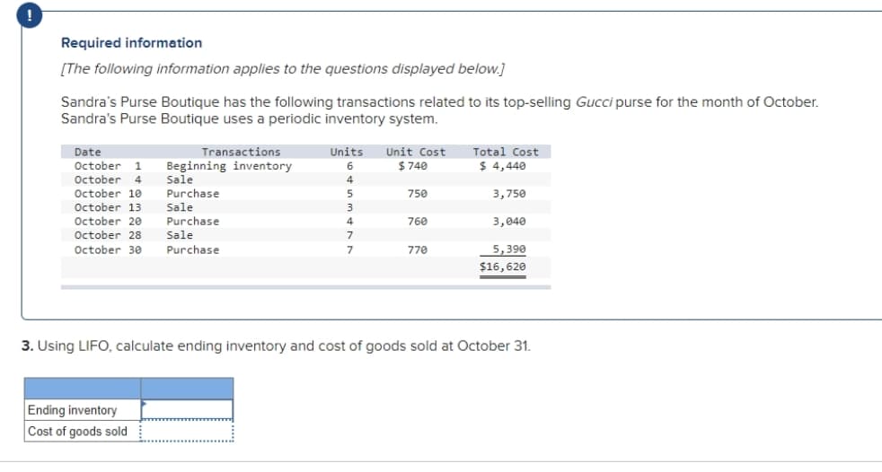 Required information
[The following information applies to the questions displayed below.]
Sandra's Purse Boutique has the following transactions related to its top-selling Gucci purse for the month of October.
Sandra's Purse Boutique uses a periodic inventory system.
Date
October 1
October 4
October 10
Transactions
Beginning inventory
Sale
Purchase
Sale
October 13
October 20
October 28
October 30 Purchase
Ending inventory
Cost of goods sold
Purchase
Sale
Units Unit Cost
6
$740
4
5
5
3
4
7
7
750
760
770
Total Cost
$ 4,440
3,750
3,040
5,390
$16,620
3. Using LIFO, calculate ending inventory and cost of goods sold at October 31.