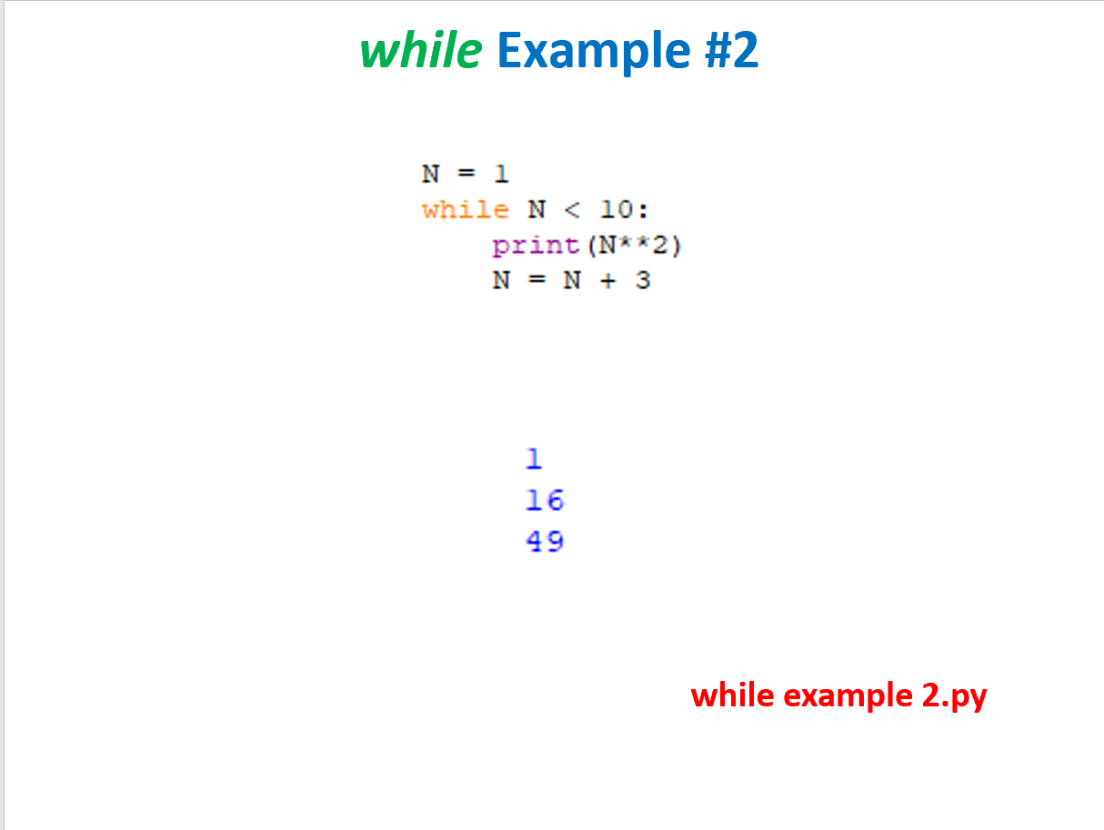 while Example #2
N=1
while N< 10:
print (N* *2)
N=N+3
1
16
49
while example 2.py
