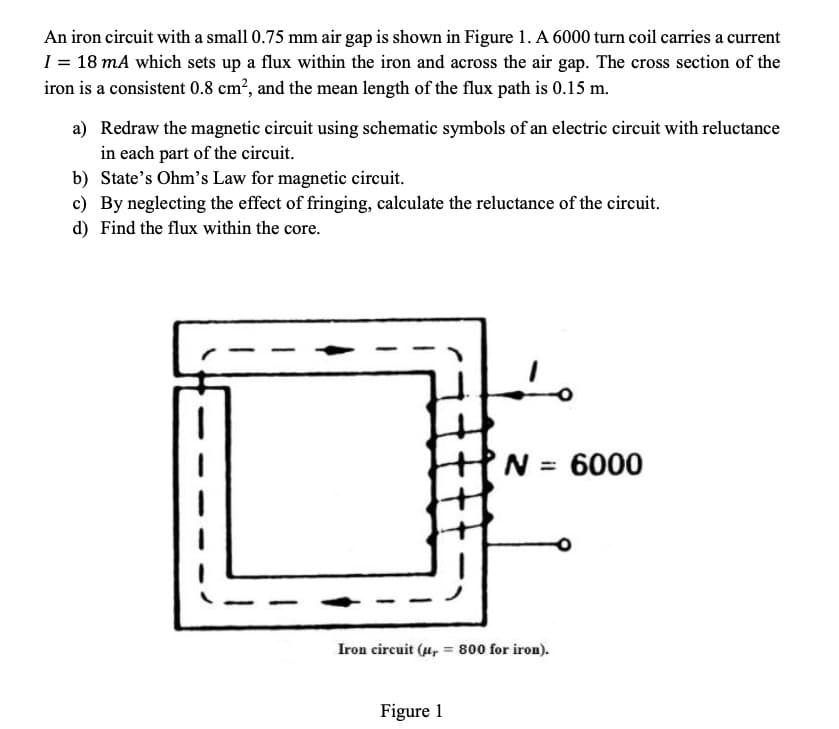 An iron circuit with a small 0.75 mm air gap is shown in Figure 1. A 6000 turn coil carries a current
I = 18 mA which sets up a flux within the iron and across the air gap. The cross section of the
iron is a consistent 0.8 cm?, and the mean length of the flux path is 0.15 m.
a) Redraw the magnetic circuit using schematic symbols of an electric circuit with reluctance
in each part of the circuit.
b) State's Ohm's Law for magnetic circuit.
c) By neglecting the effect of fringing, calculate the reluctance of the circuit.
d) Find the flux within the core.
N = 6000
Iron circuit (4, = 800 for iron).
Figure 1
