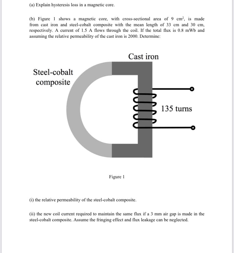 (a) Explain hysteresis loss in a magnetic core.
(b) Figure 1 shows a magnetic core, with cross-sectional area of 9 cm², is made
from cast iron and steel-cobalt composite with the mean length of 33 cm and 30 cm,
respectively. A current of 1.5 A flows through the coil. If the total flux is 0.8 mWb and
assuming the relative permeability of the cast iron is 2000. Determine:
Cast iron
Steel-cobalt
composite
135 turns
Figure 1
(i) the relative permeability of the steel-cobalt composite.
(ii) the new coil current required to maintain the same flux if a 3 mm air gap is made in the
steel-cobalt composite. Assume the fringing effect and flux leakage can be neglected.
