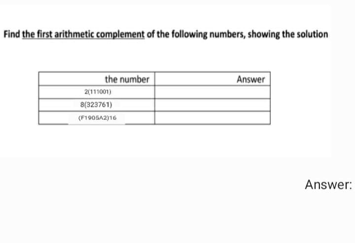 Find the first arithmetic complement of the following numbers, showing the solution
the number
Answer
2(111001)
8(323761)
(F1905A2)16
Answer:
