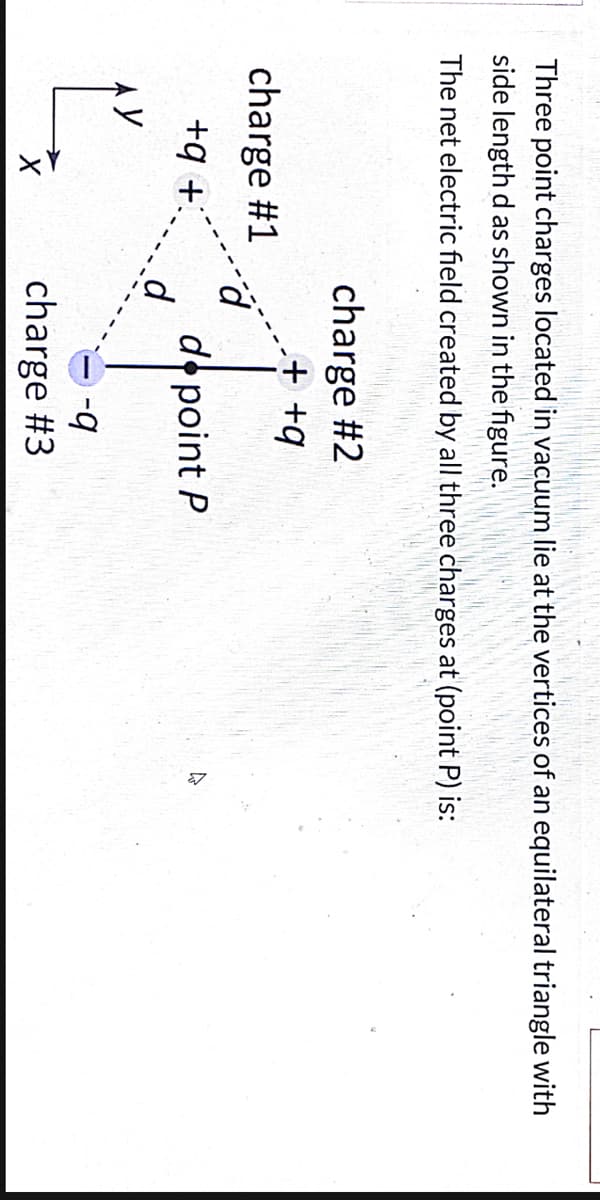 Three point charges located in vacuum lie at the vertices of an equilateral triangle with
side length d as shown in the figure.
The net electric field created by all three charges at (point P) is:
charge #2
++q
charge #1
do point P
d.
+q +:
b-
charge #3
