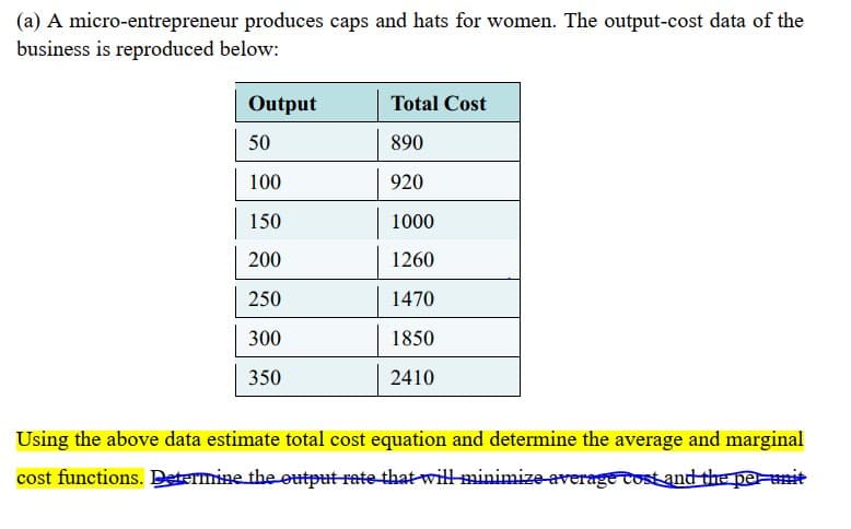 (a) A micro-entrepreneur produces caps and hats for women. The output-cost data of the
business is reproduced below:
Output
Total Cost
50
890
100
920
150
1000
200
1260
250
1470
300
1850
350
2410
Using the above data estimate total cost equation and determine the average and marginal
cost functions. Dstermine the output rate that will minimize average tost and the perit
