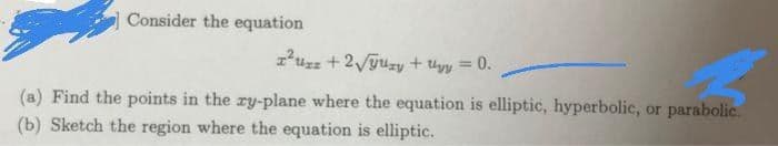 Consider the equation
I'uzz + 2/yuzy + Uyy = 0.
(a) Find the points in the ry-plane where the equation is elliptic, hyperbolic, or parabolic.
(b) Sketch the region where the equation is elliptic.
