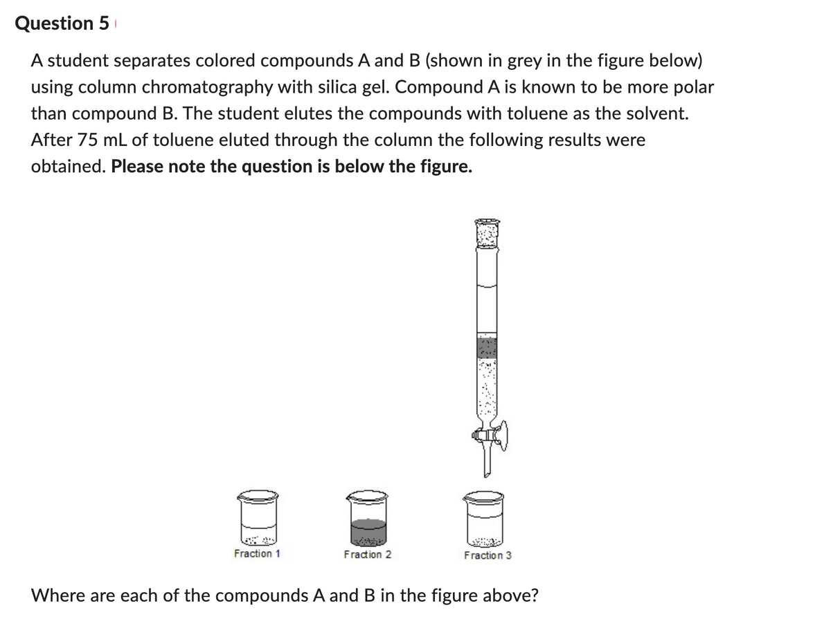 Question 5
A student separates colored compounds A and B (shown in grey in the figure below)
using column chromatography with silica gel. Compound A is known to be more polar
than compound B. The student elutes the compounds with toluene as the solvent.
After 75 mL of toluene eluted through the column the following results were
obtained. Please note the question is below the figure.
Fraction 1
Fraction 2
Fraction 3
Where are each of the compounds A and B in the figure above?