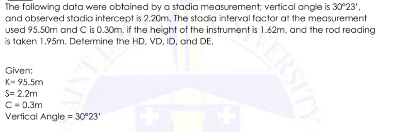 The following data were obtained by a stadia measurement; vertical angle is 30°23',
and observed stadia intercept is 2.20m. The stadia interval factor at the measurement
used 95.50m and C is 0.30m, if the height of the instrument is 1.62m, and the rod reading
is taken 1.95m. Determine the HD, VD, ID, and DE.
Given:
K= 95.5m
S= 2.2m
C = 0.3m
Vertical Angle = 30°23'
%3D
ERSITY
