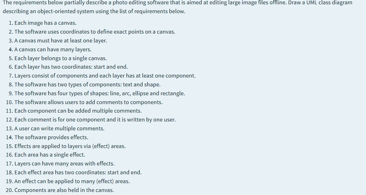 The requirements below partially describe a photo editing software that is aimed at editing large image files offline. Draw a UML class diagram
describing an object-oriented system using the list of requirements below.
1. Each image has a canvas.
2. The software uses coordinates to define exact points on a canvas.
3. A canvas must have at least one layer.
4. A canvas can have many layers.
5. Each layer belongs to a single canvas.
6. Each layer has two coordinates: start and end.
7. Layers consist of components and each layer has at least one component.
8. The software has two types of components: text and shape.
9. The software has four types of shapes: line, arc, ellipse and rectangle.
10. The software allows users to add comments to components.
11. Each component can be added multiple comments.
12. Each comment is for one component and it is written by one user.
13. A user can write multiple comments.
14. The software provides effects.
15. Effects are applied to layers via (effect) areas.
16. Each area has a single effect.
17. Layers can have many areas with effects.
18. Each effect area has two coordinates: start and end.
19. An effect can be applied to many (effect) areas.
20. Components are also held in the canvas.
