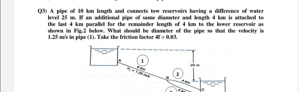 Q3) A pipe of 10 km length and connects tow reservoirs having a difference of water
level 25 m. If an additional pipe of same diameter and length 4 km is attached to
the last 4 km parallel for the remainder length of 4 km to the lower reservoir as
shown in Fig.2 below. What should be diameter of the pipe so that the velocity is
1.25 m/s in pipe (1). Take the friction factor 4f = 0.03.
1
25 m
6 km
V,- 1.25 m/s
Am
