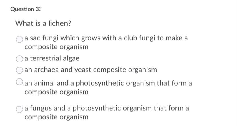 Question 33
What is a lichen?
a sac fungi which grows with a club fungi to make a
composite organism
a terrestrial algae
an archaea and yeast composite organism
an animal and a photosynthetic organism that form a
composite organism
a fungus and a photosynthetic organism that form a
composite organism
