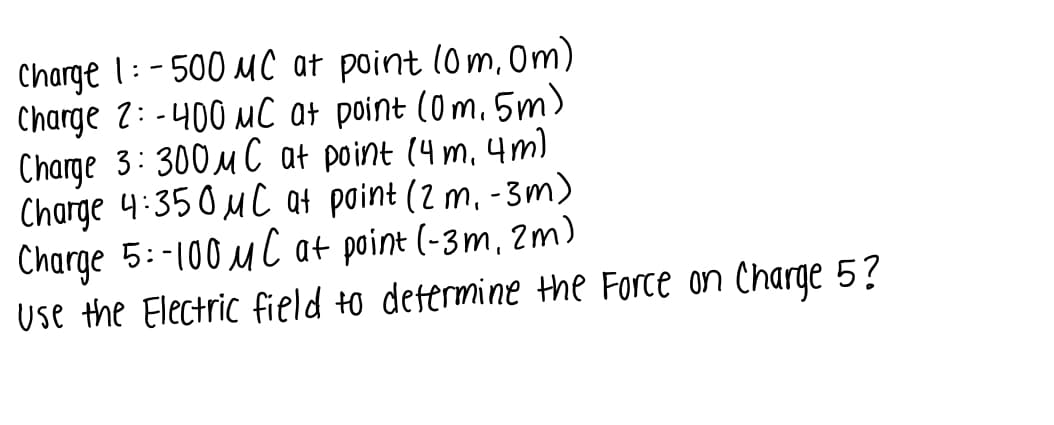 Charge 1: - 500 MC at point lom, 0m)
Charge 2: - 400 MC at point (0m, 5m)
Charge 3: 300M C at point (4 m, 4m)
Charge 4:350 MC at point (2 m, - 3m)
Charge 5:-100 M C at point (-3m, 2m)
use the Electric field to determine the Force on Charge 5?
Чт)
