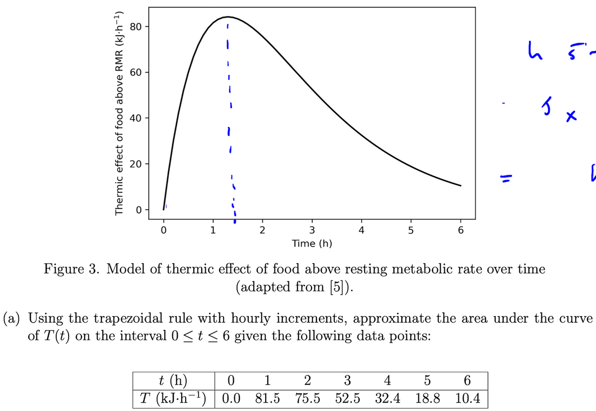 Thermic effect of food above RMR (kJ⋅h¯¹)
80
60
40
20
h 5-
bt
6
0
1
2
4
5
6
3
Time (h)
Figure 3. Model of thermic effect of food above resting metabolic rate over time
(adapted from [5]).
(a) Using the trapezoidal rule with hourly increments, approximate the area under the curve
of T(t) on the interval 0 ≤ t ≤ 6 given the following data points:
1
2
t (h) 0
T (kJ.h−¹)| 0.0
3 4 5 6
75.5 52.5 32.4 18.8 10.4
81.5