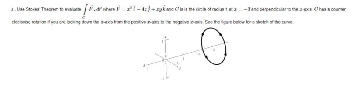 3. Use Stokes' Theorem to evaluate
F.dr where F = ri- 4zj+ryk and C is is the circle of radius 1 at z = -3 and perpendicular to the r-axis. C has a counter
ciockwise rotation if you are looking down the r-axis from the positive r-axis to the negative r-axis. See the figure below for a sketch of the curve.
