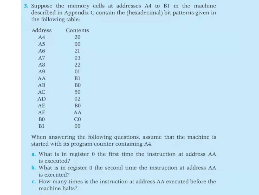 3. Suppose the memory cells at addresses A4 to B1 in the machine
described in Appendix C contain the (hexadecimal) bit patterns given in
the following table:
Address
Contents
A4
20
A5
00
A6
21
A7
03
A8
22
A9
01
AA
B1
АВ
B0
AC
50
AD
02
AE
B0
AF
AA
B0
CO
B1
00
When answering the following questions, assume that the machine is
started with its program counter containing A4.
a. What is in register 0 the first time the instruction at address AA
is executed?
b. What is in register 0 the second time the instruction at address AA
is executed?
C. How many times is the instruction at address AA executed before the
machine halts?
