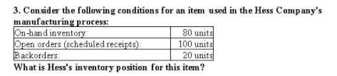 3. Consider the following conditions for an item used in the Hess Company's
manufacturing process:
On-hand inventory
Open orders (scheduled receipts)
Backorders:
What is Hess's inventory position for this item?
80 units
100 units
20 units
