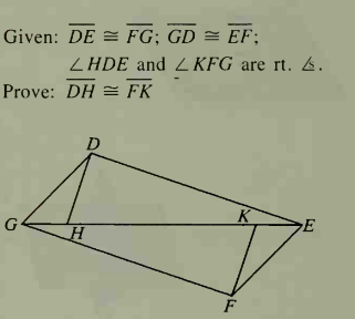 Given: DE = FG; GD = EF;
ZHDE and Z KFG are rt.6.
Prove: DH = FK
D
K
G
E
