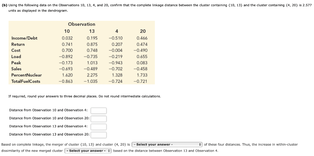 (b) Using the following data on the Observations 10, 13, 4, and 20, confirm that the complete linkage distance between the cluster containing {10, 13) and the cluster containing {4, 20} is 2.577
units as displayed in the dendrogram.
Income/Debt
Return
Cost
Load
Peak
Sales
PercentNuclear
Total FuelCosts
Observation
10
0.032
0.741
0.700
-0.892
-0.173
-0.693
1.620
-0.863
13
0.195
0.875
0.748
-0.735
1.013
-0.489
2.275
-1.035
4
-0.510
0.207
-0.004
-0.219
-0.943
-0.702
1.328
-0.724
Distance from Observation 10 and Observation 4:
Distance from Observation 10 and Observation 20:
Distance from Observation 13 and Observation 4:
Distance from Observation 13 and Observation 20:
20
0.466
0.474
-0.490
0.655
0.083
-0.458
1.733
-0.721
If required, round your answers to three decimal places. Do not round intermediate calculations.
Based on complete linkage, the merger of cluster (10, 13) and cluster {4, 20} is Select your answer -
of these four distances. Thus, the increase in within-cluster
dissimilarity of the new merged cluster - Select your answer based on the distance between Observation 13 and Observation 4.