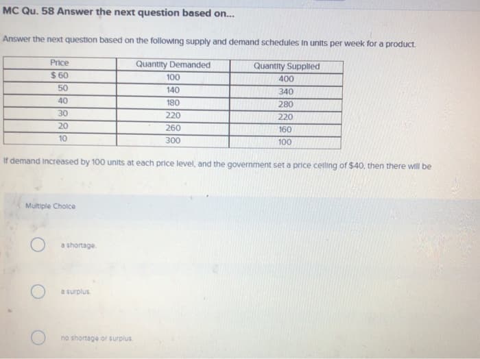 MC Qu. 58 Answer the next question based on...
Answer the next question based on the following supply and demand schedules in units per week for a product.
Quantity Supplied
Price
$60
50
40
30
20
10
Multiple Choice
a shortage.
a surplus.
Quantity Demanded
If demand increased by 100 units at each price level, and the government set a price celling of $40, then there will be
no shortage or surplus.
100
140
180
220
260
300
400
340
280
220
160
100