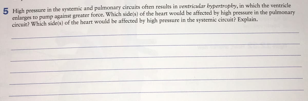 5 High pressure in the systemic and pulmonary circuits often results in ventricular hypertrophy, in which the ventricle
enlarges to pump against greater force. Which side(s) of the heart would be affected by high pressure in the pulmonary
circuit? Which side(s) of the heart would be affected by high pressure in the systemic circuit? Explain.
