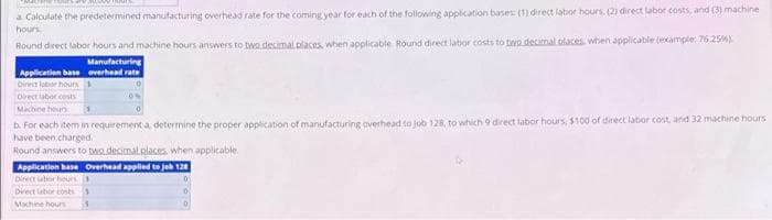 a Calculate the predetermined manufacturing overhead rate for the coming year for each of the following application bases: (1) direct labor hours, (2) direct labor costs, and (3) machine
hours
Round direct labor hours and machine hours answers to
Application base
Direct labor hours
Direct labor costs
Machine hour
Manufacturing
overhead rate
two decimal places, when applicable. Round direct labor costs to two decimal places, when applicable (example: 76.25%)
0
b. For each item in requirement a, determine the proper application of manufacturing overhead to job 128, to which 9 direct labor hours, $100 of direct labor cost, and 32 machine hours
have been charged.
Round answers to two decimal places, when applicable.
Application base Overhead applied to job 128
Direct labor hours 1
Direct labor costs
Machine hours