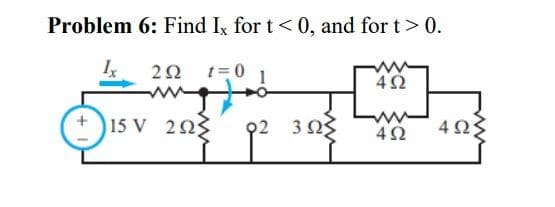 Problem 6: Find Ix for t < 0, and for t > 0.
Ix
2Ω t=0
4Ω
στην
Η
15V ΩΣ 92 3ΩΣ
4Ω 4ΩΣ